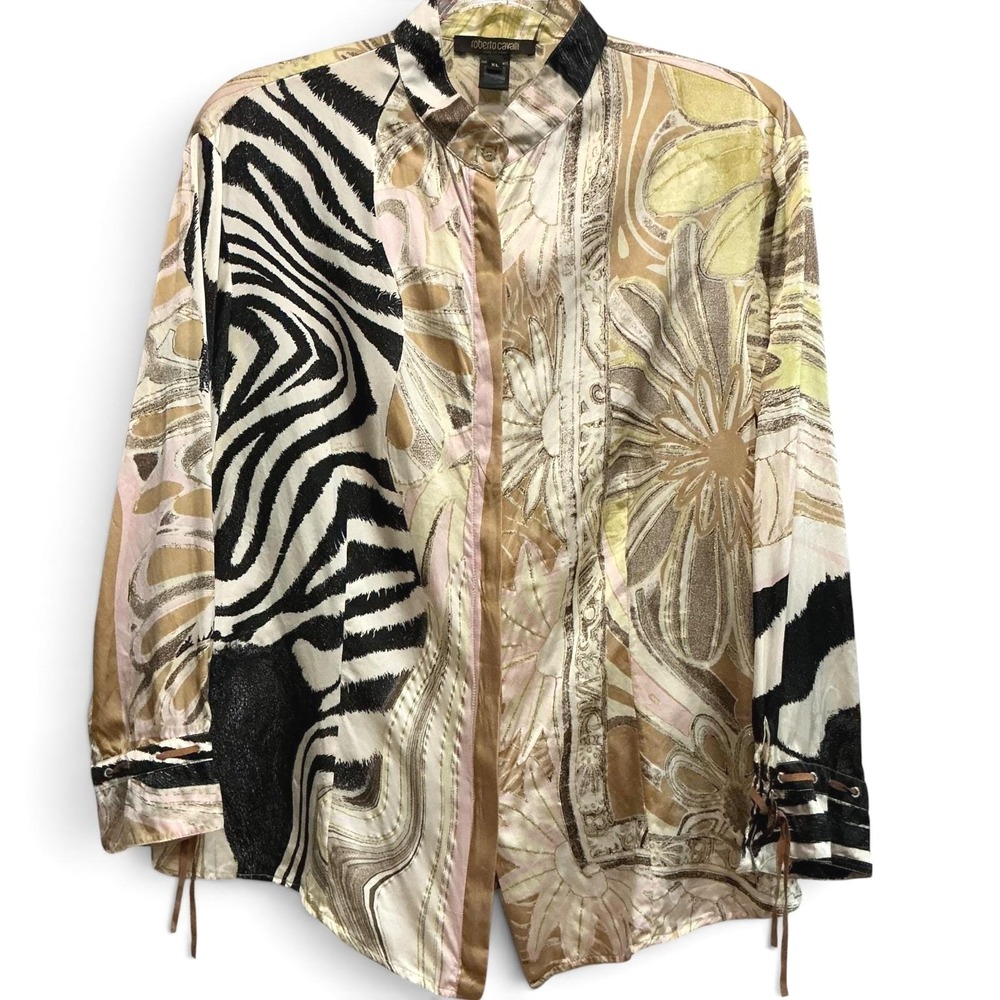 Roberto Cavalli Silk Zebra Floral Print Tunic Blouse Button Down XL Italy Y2K